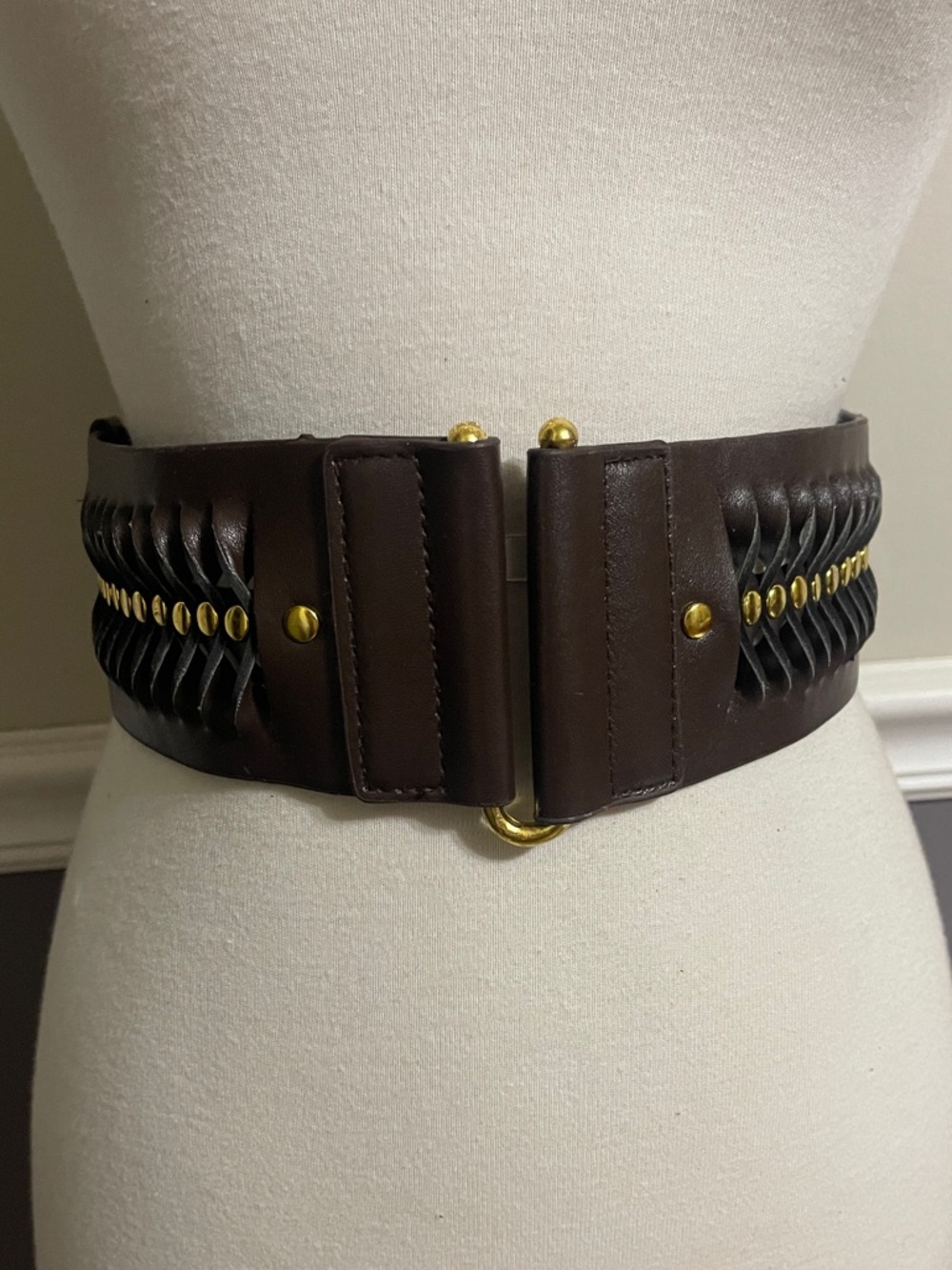 Steampunk Wide Brown Cut Out Twist Waist Belt with Gold Hardware